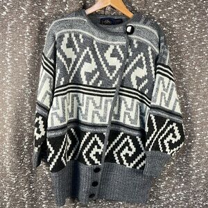 Vintage 70s Leroy Knitwear Womens M‎ Cardigan Sweater Gray Tribal Bohemian Aztec